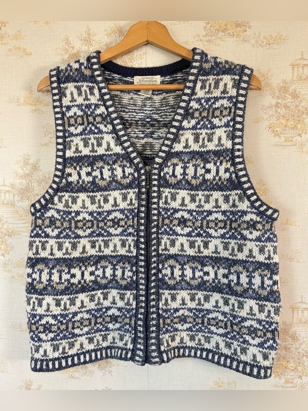 Vintage 90s St. John's Bay Blue White Fair Isle Wool Zip Sweater Vest L